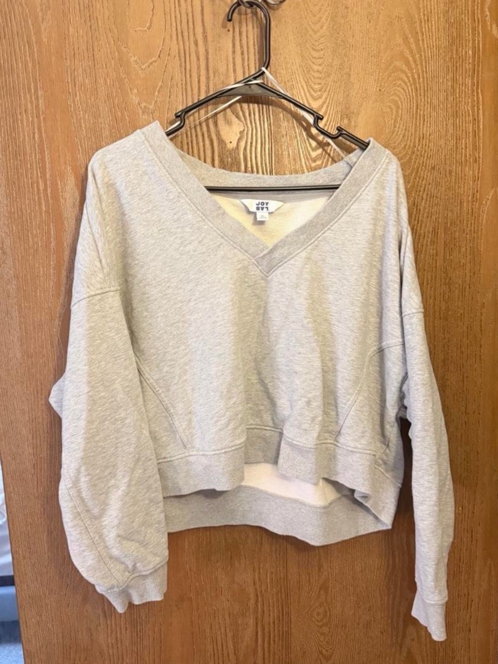 Joy Joy Light Gray V-Neck Cropped Drop-Shoulder Sweatshirt